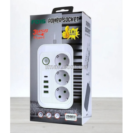 Сетевой фильтр с выключателем Power Socket F015 на 3 розетки, 3 USB, 1 Type-C, 2500W, длина 5м
