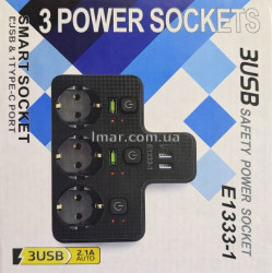 Сетевой переходник-тройник Power Socket 2500W с выключателем, 3 розетки + 2 USB + Type-C, с выключателем