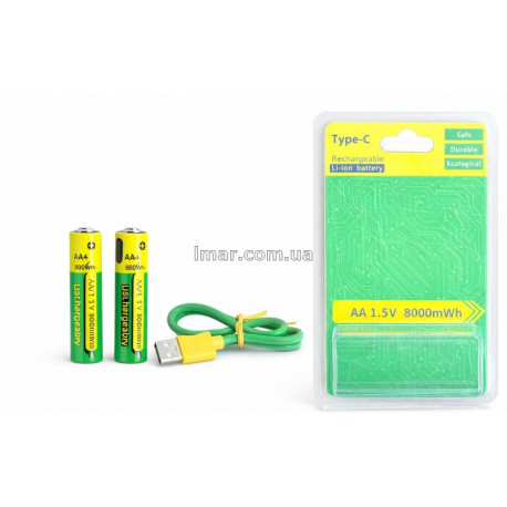 Аккумуляторные мизинчиковые батарейки AAA 1.5V Li-ion с USB Type-C зарядкой, 800mWh, 2 шт.