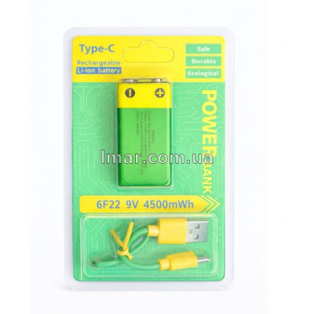 Акумуляторна батарейка Крона 9V (6F22) Li-ion із USB Type-C зарядкою, 4500mWh