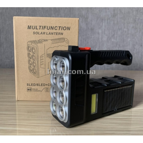 Ручной аккумуляторный LED фонарь с солнечной панелью, 8 LED + COB боковой свет, USB зарядка, аварийный