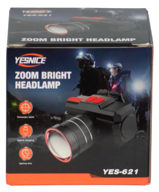 Фонарь налобный аккумуляторный YES-621 LED с зумом Type-C