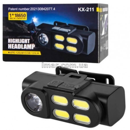 Фонарь налобный аккумуляторный KX-211 XPE+COB, USB, под аккумулятор 18650