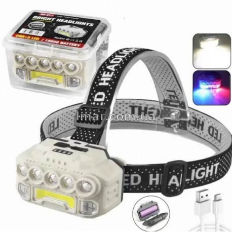 Фонарь налобный аккумуляторный HX-817S-COB с сенсором, Type-C, 1x18650, белый/красный/синий свет