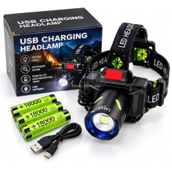 Налобный аккумуляторный LED-фонарь 8118 с фокусировкой Zoom, USB-зарядкой, 3×18650