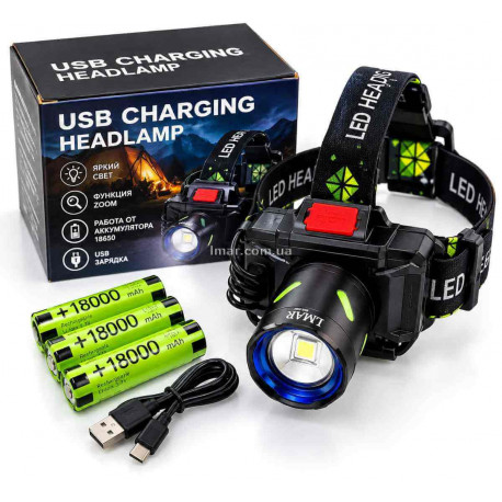 Налобный аккумуляторный LED-фонарь 8118 с фокусировкой Zoom, USB-зарядкой, 3×18650