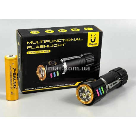 Ліхтар ручний акумуляторний 301-3XTE, 3 LED, магніт, індикатор заряду, АКБ 18650, зарядка Type-C