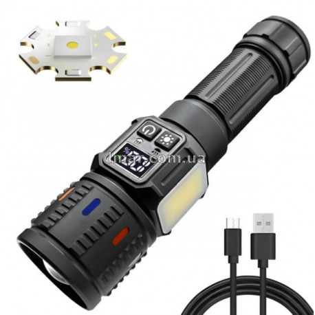 Фонарь ручной аккумуляторный мощный LED LMAR 2306, с зумом, боковым светом, дисплеем, USB Type-C